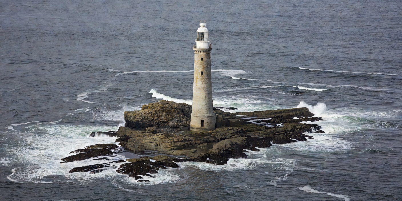 Bell Rock's slender pale masonry tower rising directly from a low reef surrounded by sea