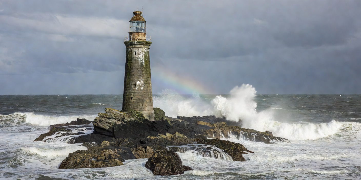 Tapered stone lighthouse rising from an exposed rocky reef above the sea