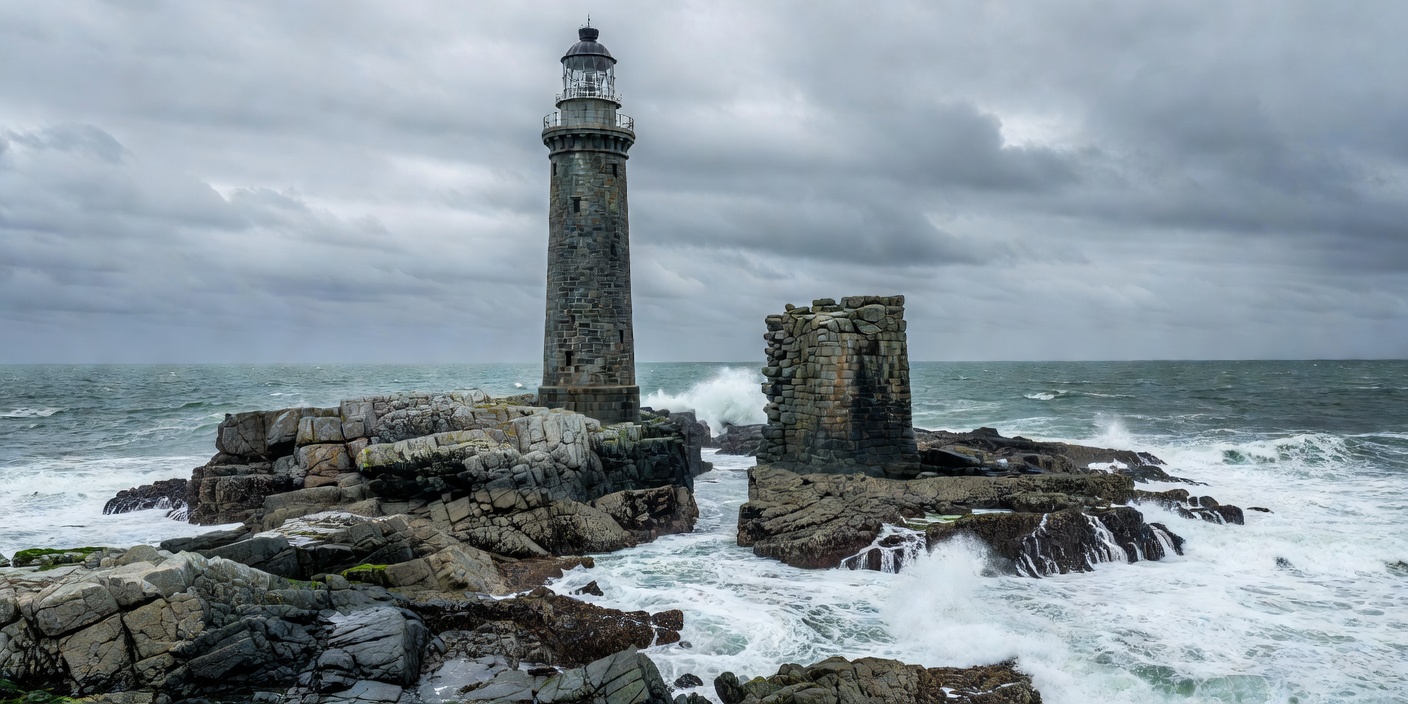 Eddystone's tall granite lighthouse beside the low remaining base of Smeaton's tower on the reef