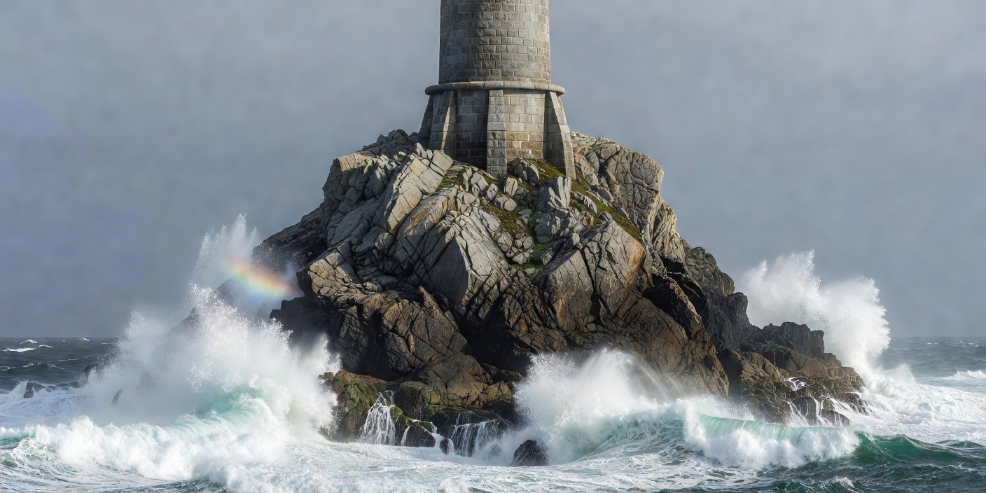Fastnet's grey granite lighthouse integrated into a steep rocky outcrop above the Atlantic