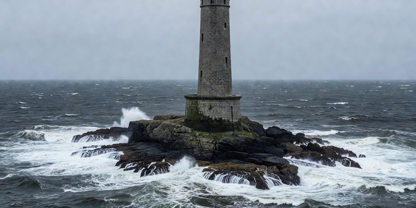 Skerryvore's tall curved granite tower above dark reef rocks and open Atlantic water