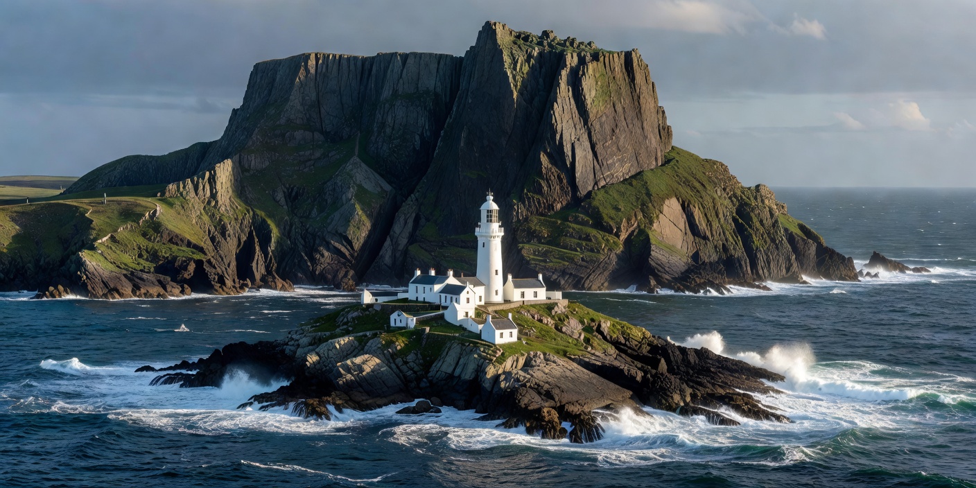 South Stack's white lighthouse and station buildings on an island below the cliffs of Holy Island